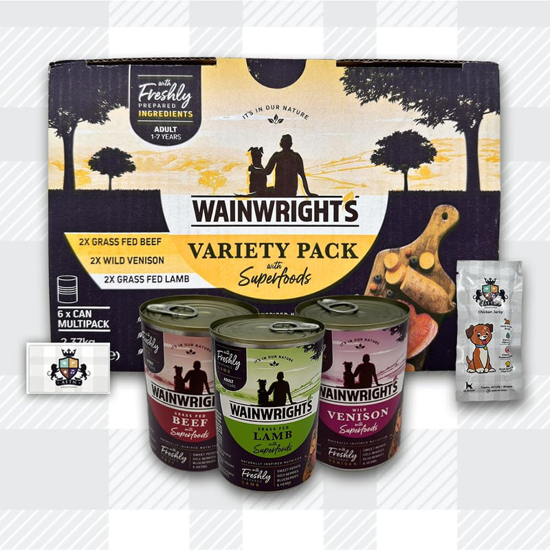 AETN Creations Wainwright's Superfoods Wet Adult Dog Food Variety Pack 6x395g Venison, Beef, Lamb plus AETN Jerky Treat, Balanced Nutrition for Adult Dogs