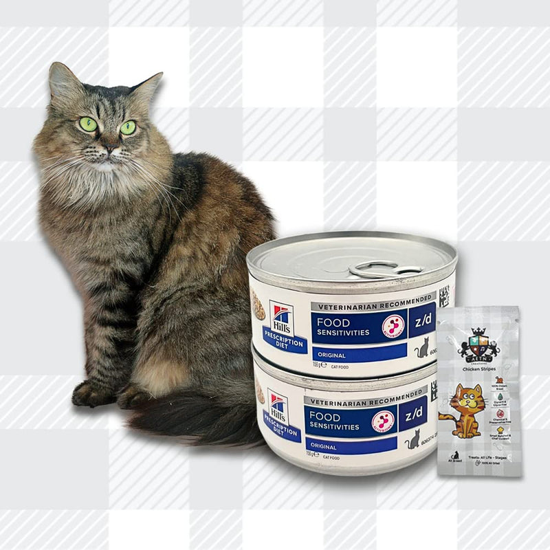 AETN Creations Z/D Food Sensitivities Wet Cat Food Bundle 12x156g Tins with AETN Cat Treat and Toy