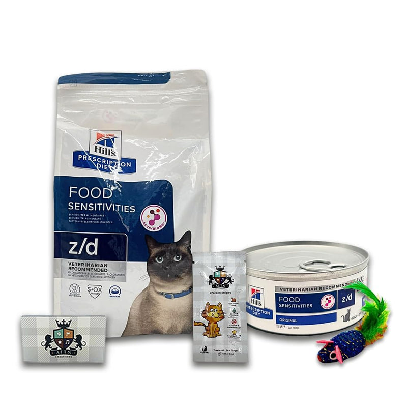 AETN Creations Prescription Diet Z/D for Cats 1x1.5kg + 1x156g Wet plus AETN Stripes Treat, Mouse Toy, Developed for Cats with Food Intolerances