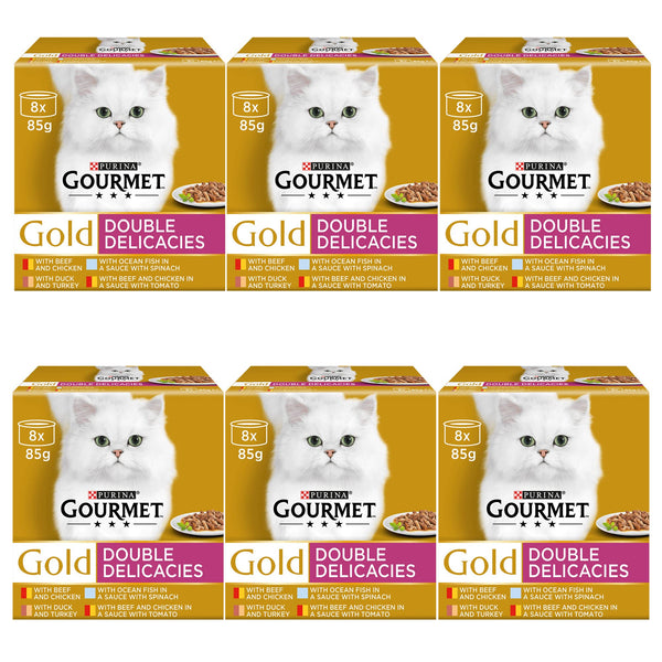 Gourmet Gold Double Delicacies Wet Cat Food Multipack - Case of 6 - with Beef and Chicken, Ocean Fish with Spinach, Duck and Turkey, Beef and Chicken with Tomato