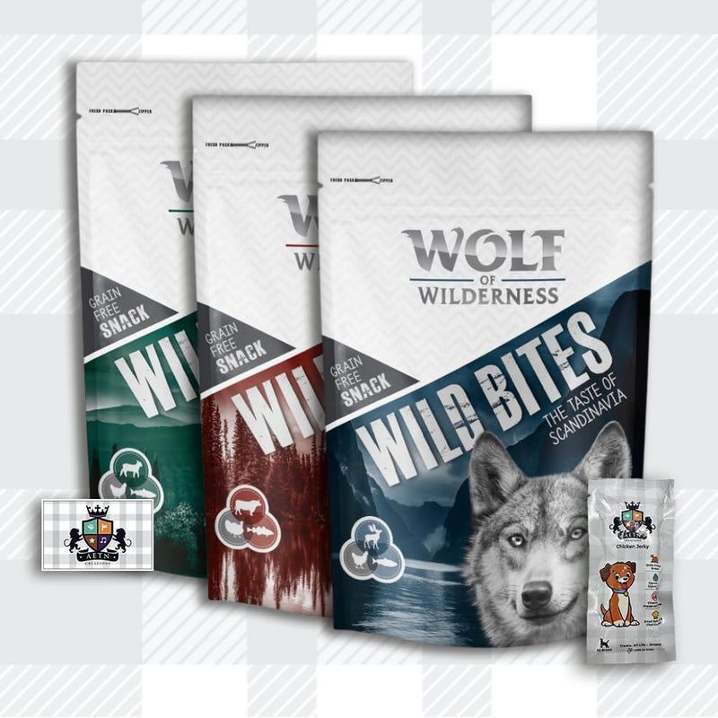 AETN Creations Wolf of Wilderness Wild Bites Grain-Free Dog Treats 3x180g Taste of Canada, Scandinavia, Mediterranean Flavours with AETN Jerky Treat