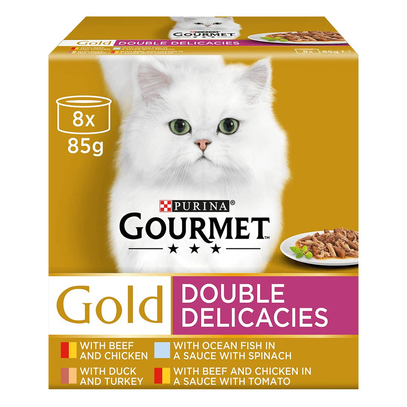 Gourmet Gold Double Delicacies Wet Cat Food Multipack - Case of 6 - with Beef and Chicken, Ocean Fish with Spinach, Duck and Turkey, Beef and Chicken with Tomato