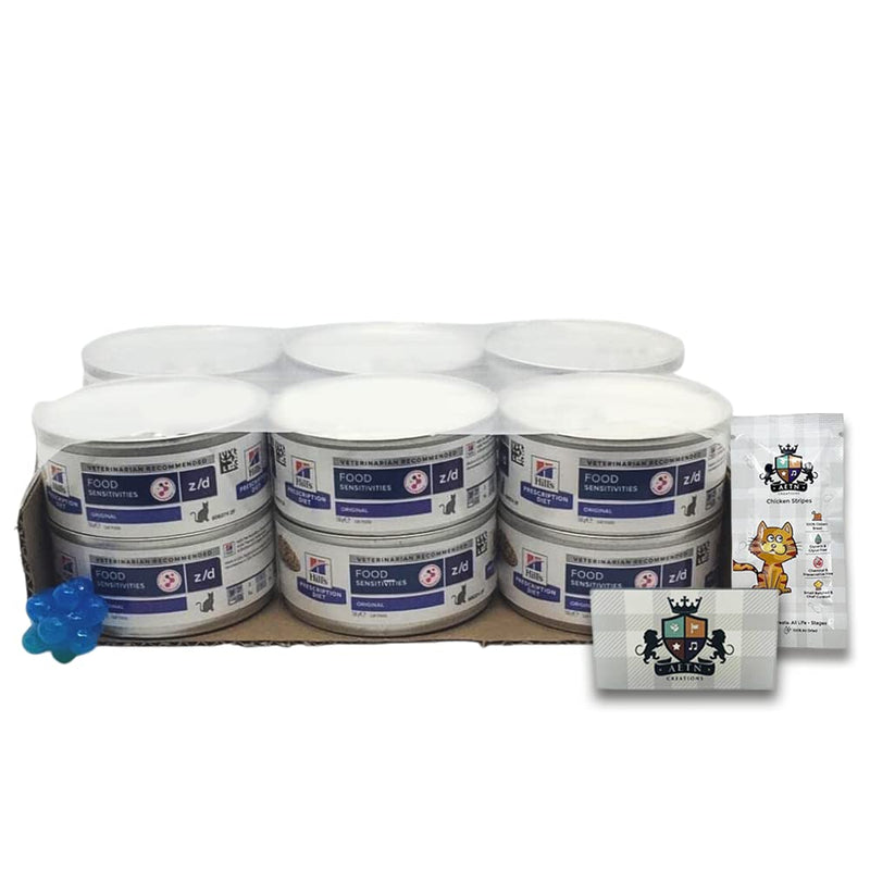 AETN Creations Z/D Food Sensitivities Wet Cat Food Bundle 12x156g Tins with AETN Cat Treat and Toy