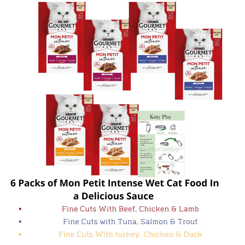 Mon Petit Intense Cat Food Pouches Contains Fine Cuts Beef, Chicken & Lamb, Tuna, Salmon & Trout, Turkey.Chicken & Duck (6 x 50g Pack 36 In Total) Bundled With Make Your Own Kitty Play.