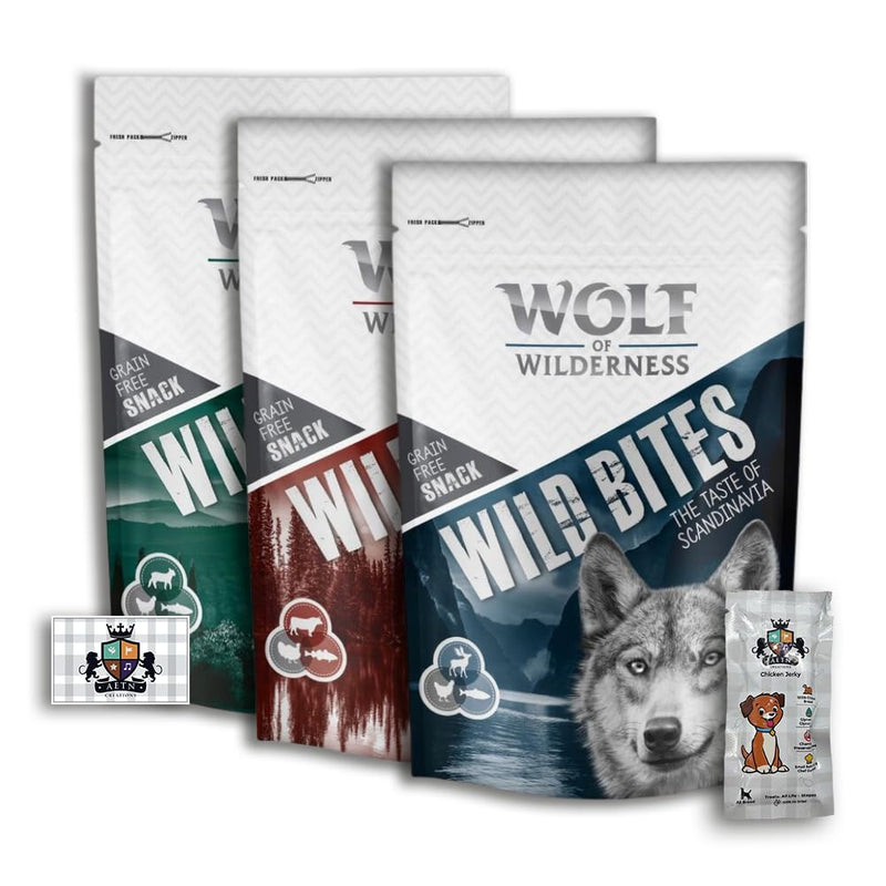 AETN Creations Wolf of Wilderness Wild Bites Grain-Free Dog Treats 3x180g Taste of Canada, Scandinavia, Mediterranean Flavours with AETN Jerky Treat