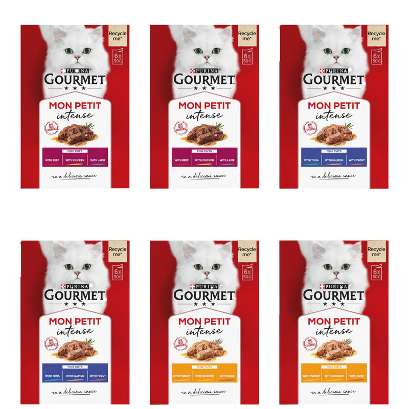 Mon Petit Intense Cat Food Pouches Contains Fine Cuts Beef, Chicken & Lamb, Tuna, Salmon & Trout, Turkey.Chicken & Duck (6 x 50g Pack 36 In Total) Bundled With Make Your Own Kitty Play.