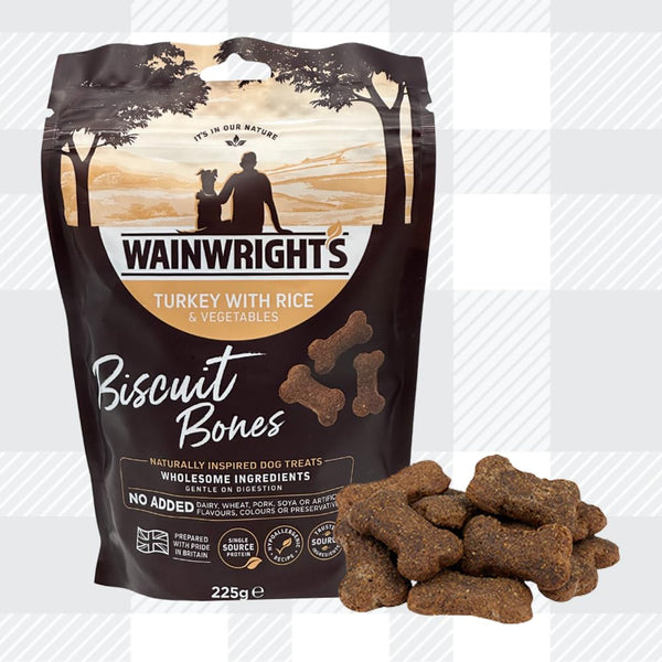 AETN Creations Wainwright's Turkey with Rice Biscuit Bones Dog Treats 225g Hypoallergenic Recipe for Adult Dogs with AETN Jerky Treat