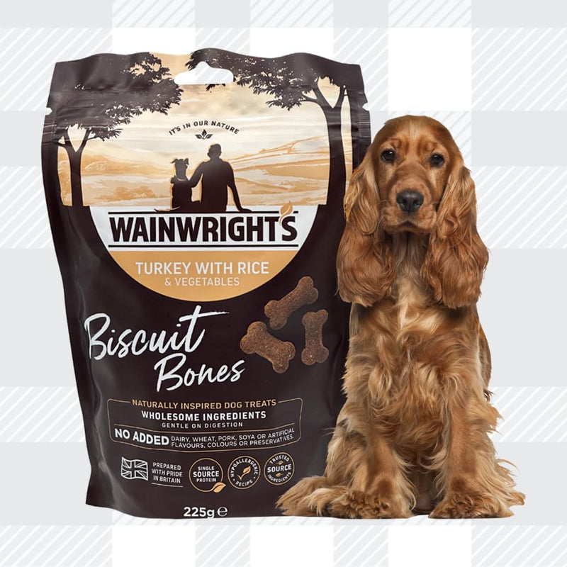 AETN Creations Wainwright's Turkey with Rice Biscuit Bones Dog Treats 225g Hypoallergenic Recipe for Adult Dogs with AETN Jerky Treat