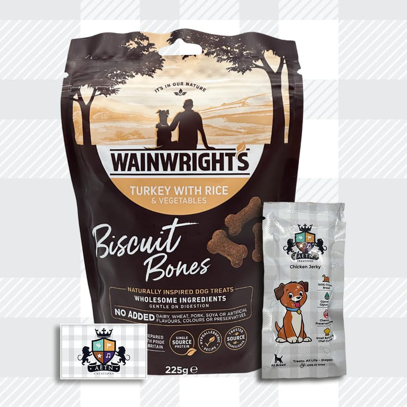 AETN Creations Wainwright's Turkey with Rice Biscuit Bones Dog Treats 225g Hypoallergenic Recipe for Adult Dogs with AETN Jerky Treat