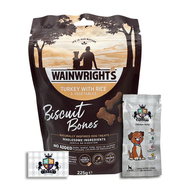 AETN Creations Wainwright's Turkey with Rice Biscuit Bones Dog Treats 225g Hypoallergenic Recipe for Adult Dogs with AETN Jerky Treat