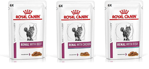 Royal Canin Feline Renal Mix of 6x Tuna 6x Chicken 6x Beef Cat Food each 85gram (Pack of 18)