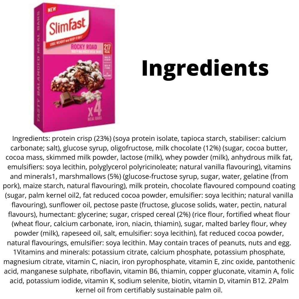 Slim Fast 16 x 60g Meal Bars – 8 Choc Chip With 8 Rocky Road Tasty Flavours, Balanced Meal Replacement Bar For Weight Loss And Diet, Calorie Controlled, High In Protein And Fiber