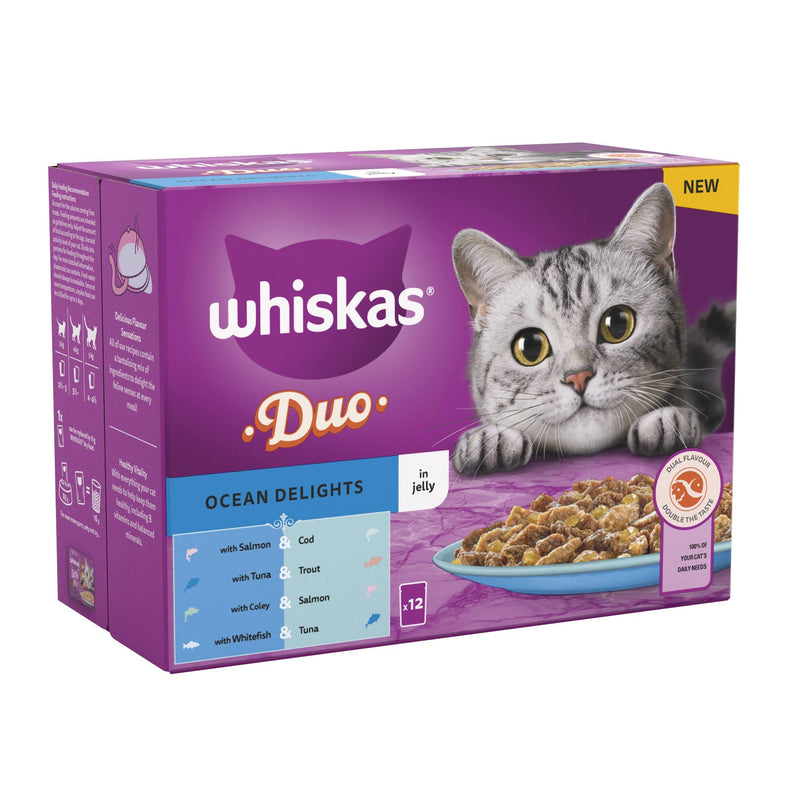 Whiskas Tasty Duo 1+ Ocean Delight in Jelly 48 x 85 g Pouches, Adult Cat Food, Pack of 4 (12 x 85 g)