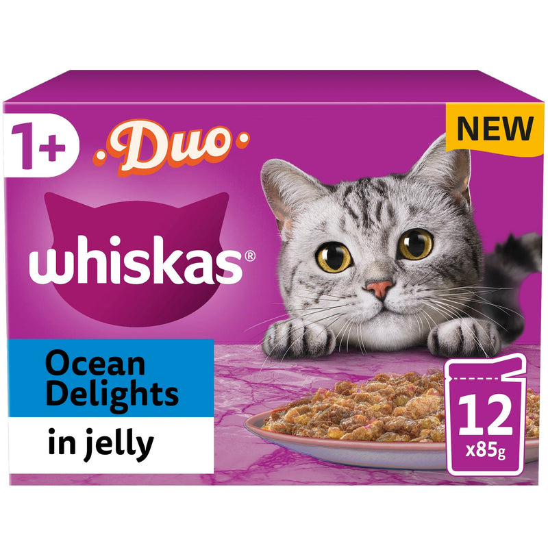 Whiskas Tasty Duo 1+ Ocean Delight in Jelly 48 x 85 g Pouches, Adult Cat Food, Pack of 4 (12 x 85 g)