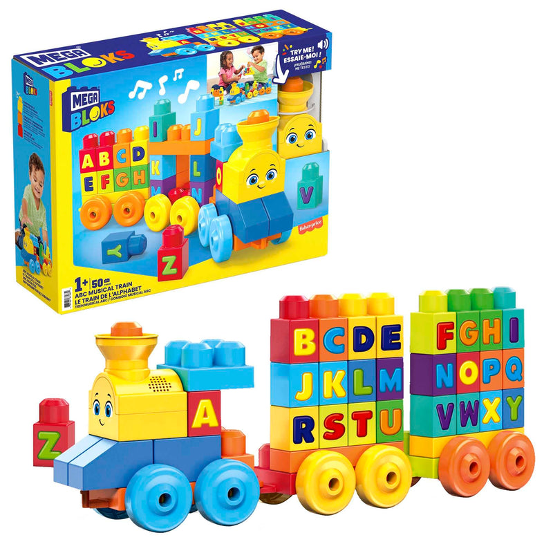 MEGA BLOKS Fisher-Price ABC Blocks Building Toy, ABC Musical Train with 50 Pieces, Music and Sounds for Toddlers, Gift Ideas for Kids Age 1+ Years, FWK22