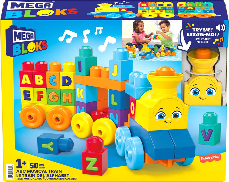 MEGA BLOKS Fisher-Price ABC Blocks Building Toy, ABC Musical Train with 50 Pieces, Music and Sounds for Toddlers, Gift Ideas for Kids Age 1+ Years, FWK22