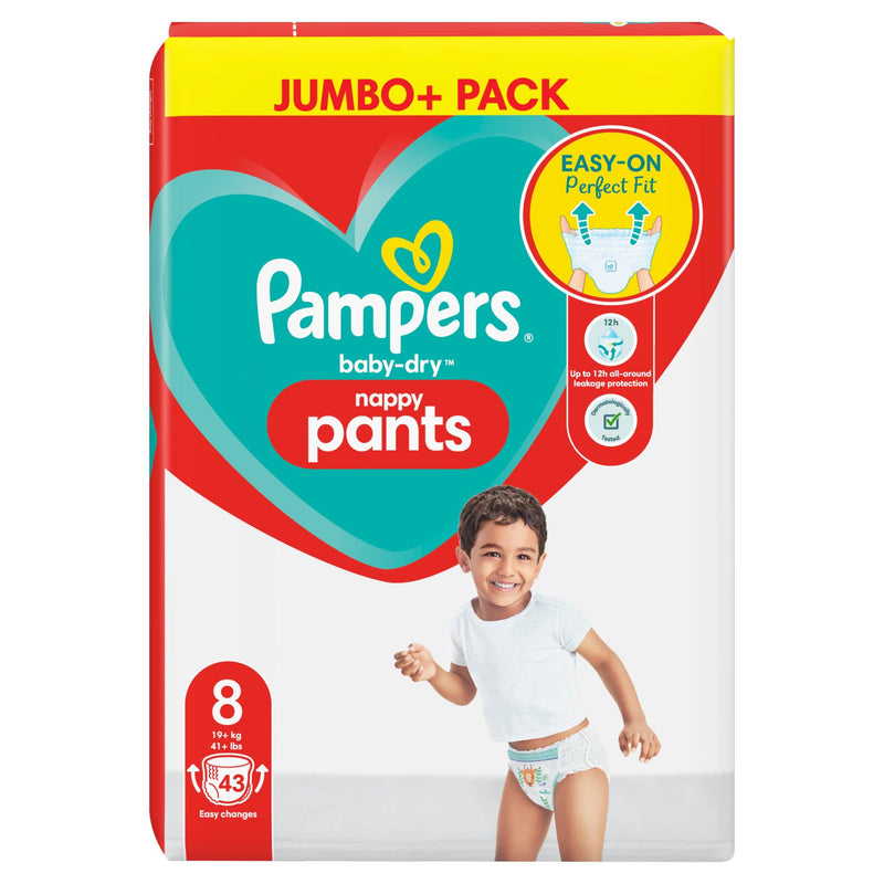 Pampers Baby-Dry Nappy Pants Size 8, 43 Nappies, 19kg+, Jumbo+ Pack